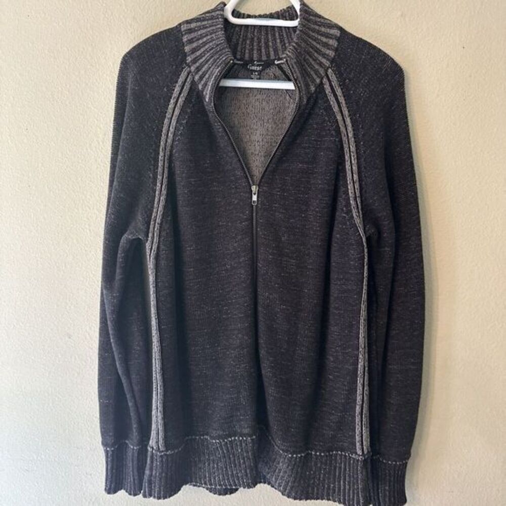 GUESS Men's Black Full‎ Zip Woven Knit Jacket Size Large Wool Blend